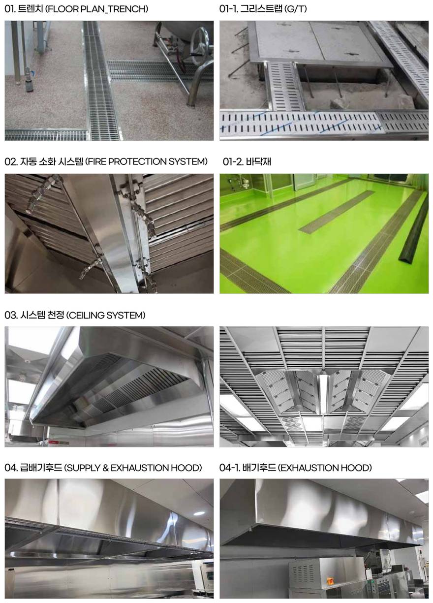주방공사 – 01. 트렌치(FLOOR PLAN_TRENCH), 01-1. 그리스트랩(G/T), 02. 자동 소화 시스템(FIRE PROTECTION SYSTEM), 01-2. 바닥재, 03. 시스템 천정(CEILING SYSTEM), 04. 급배기후드(SUPPLY & EXHAUSTION HOOD), 04-1. 배기후드(EXHAUSTION HOOD)